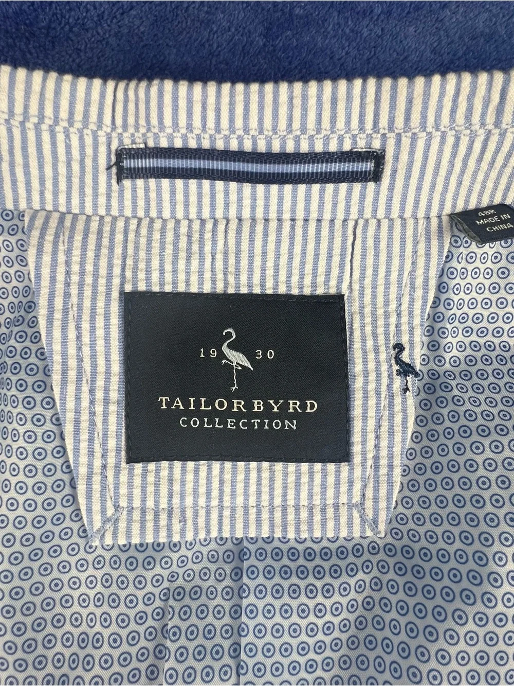 Tailorbyrd Mens Blazer 48R Seersucker Cotton Blue White Embroidered Flamingo